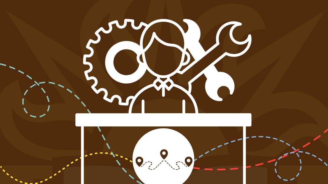 a concierge desk illustration with gears and tools and journey markers