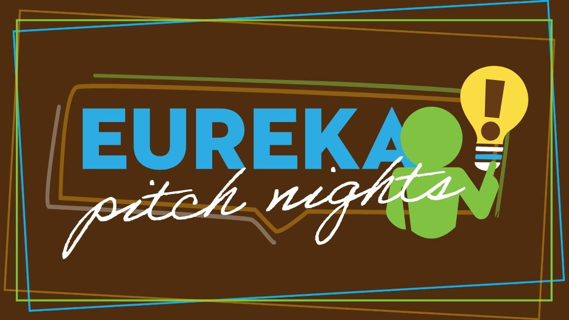 colorful words "Eureka Pitch Nights" over a Lehigh brown background