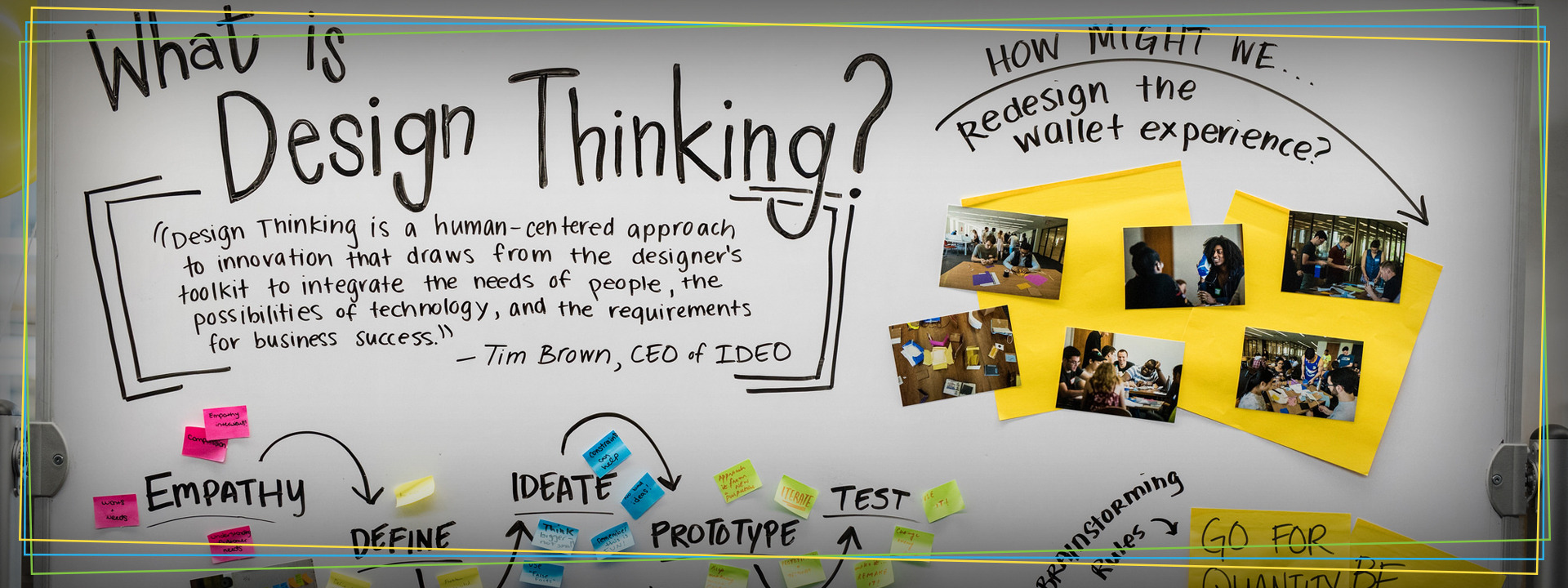 a colorful whiteboard that displays sticky notes and design thinking definition 